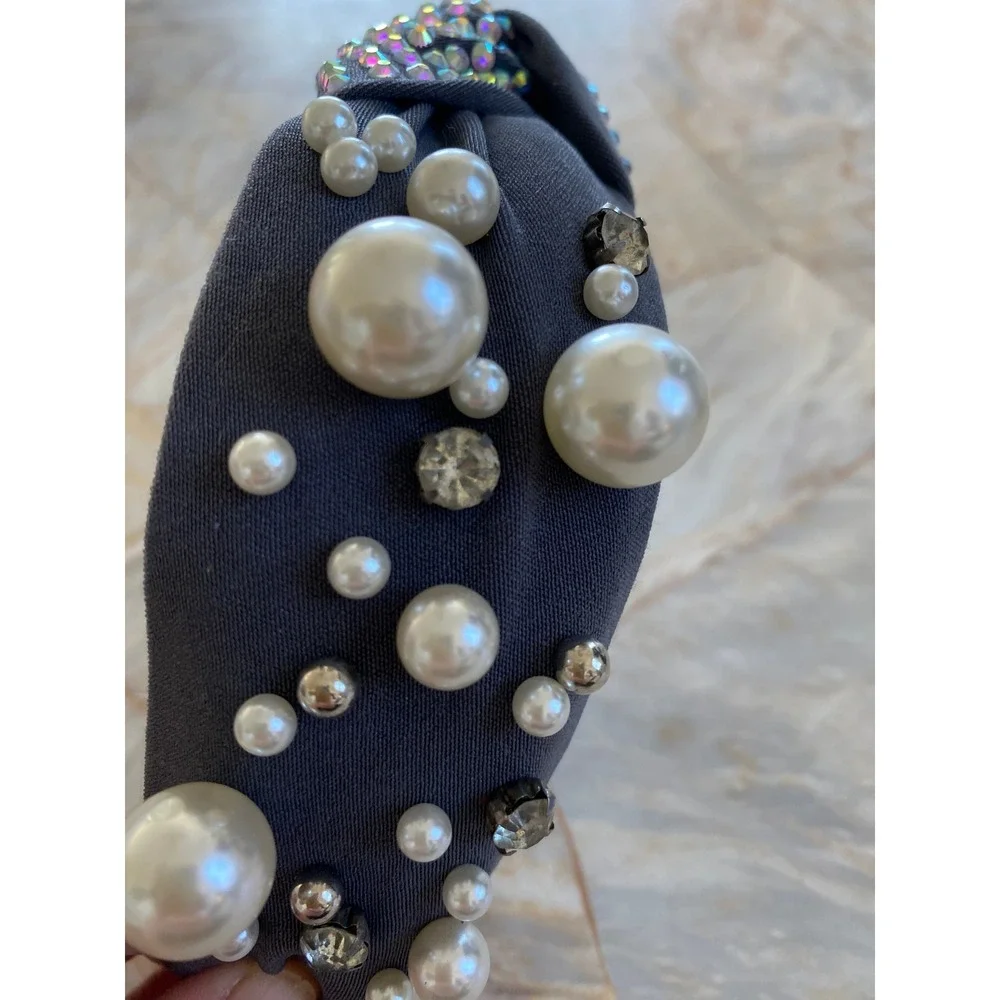 Charcoal Gray Knotted Headband with Faux Pearls Crystals and AB Rhinestones